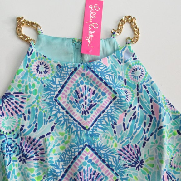 Lilly Pulitzer Pearl Romper Dress Blue Ibiza Open Water Gold Chain NWT - Picture 7 of 9